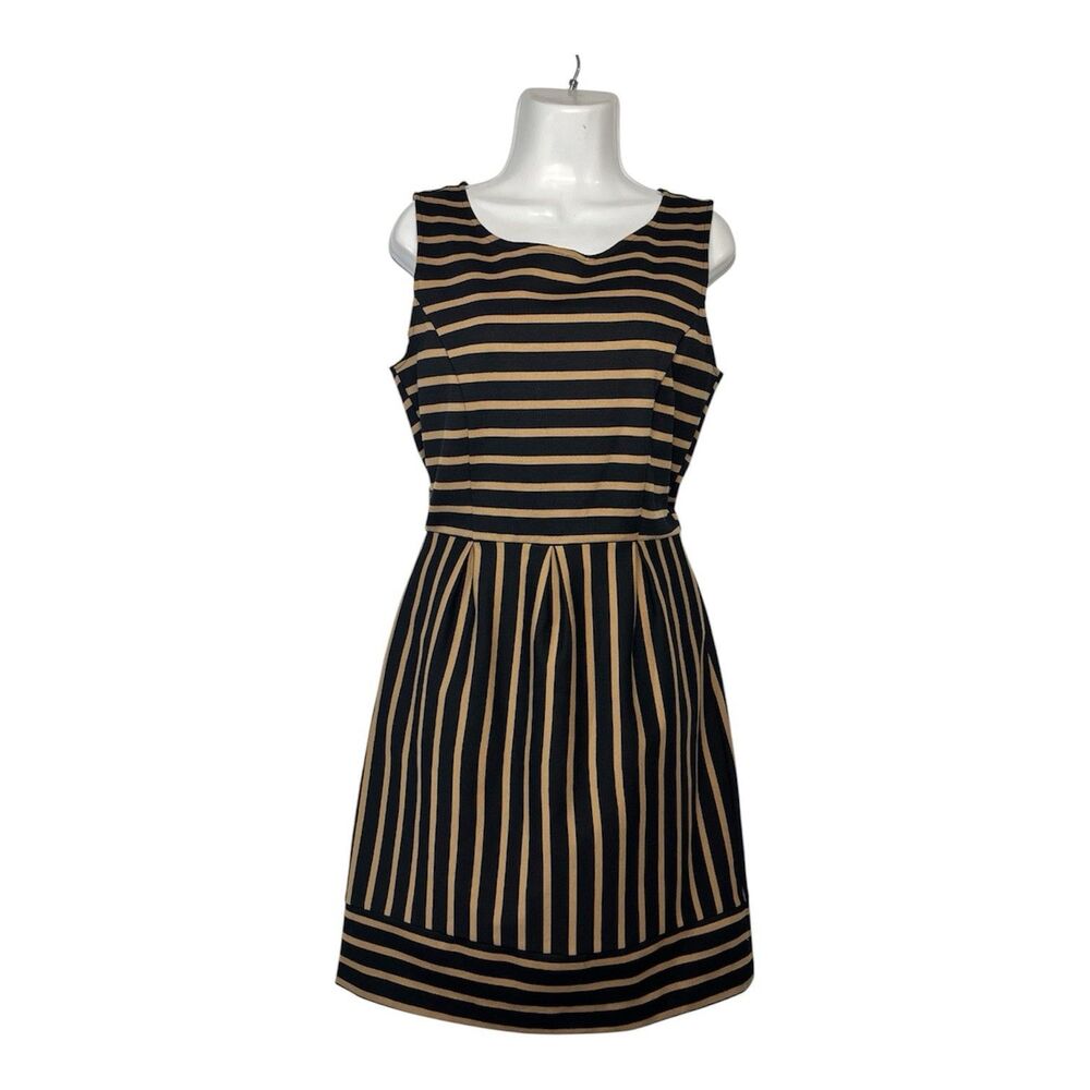 Merona Striped Fit & Flare Dress Medium Black Tan Sleeveless Pockets Knit Career